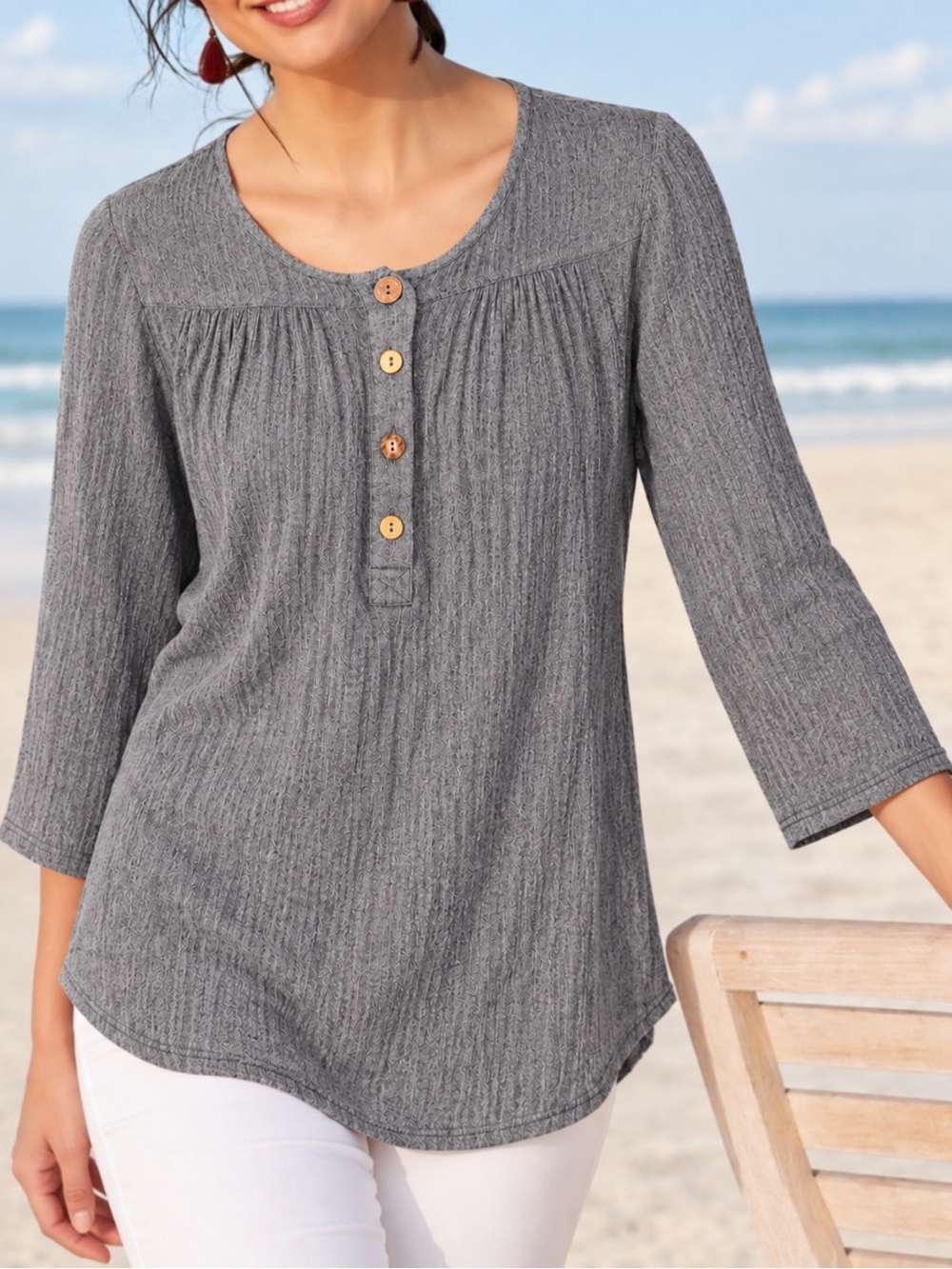 Soft Surroundings Blue Linen Button Detail Blouse Top Women’s Small Boho Coastal